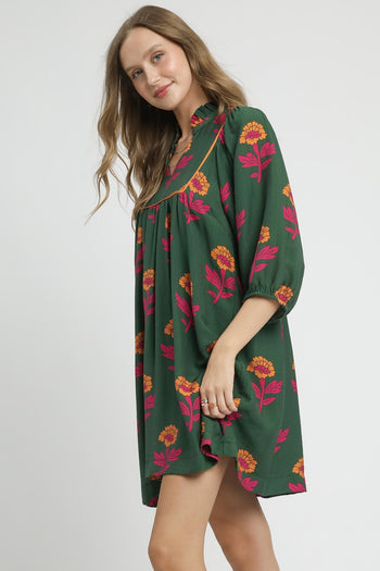 Umgee Floral Print Baby Doll Tunic Dress in Green Mix