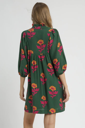 Umgee Floral Print Baby Doll Tunic Dress in Green Mix