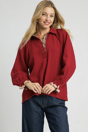 Umgee Textured Top with Contrasting Trim in Crimson