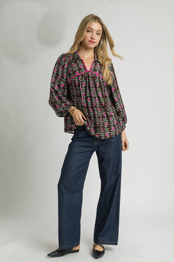 Umgee Floral Vine Print Top in Brown