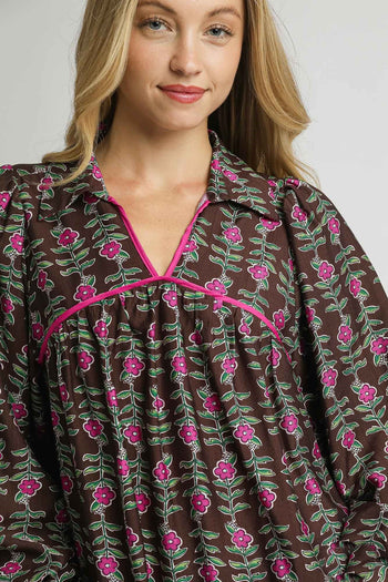 Umgee Floral Vine Print Top in Brown