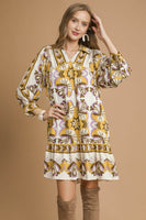 Umgee Boarder Print Tiered Mini Dress in Mustard Mix