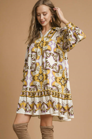 Umgee Boarder Print Tiered Mini Dress in Mustard Mix