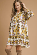 Load image into Gallery viewer, Umgee Boarder Print Tiered Mini Dress in Mustard Mix
