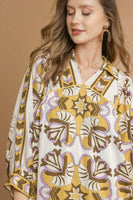 Umgee Boarder Print Tiered Mini Dress in Mustard Mix