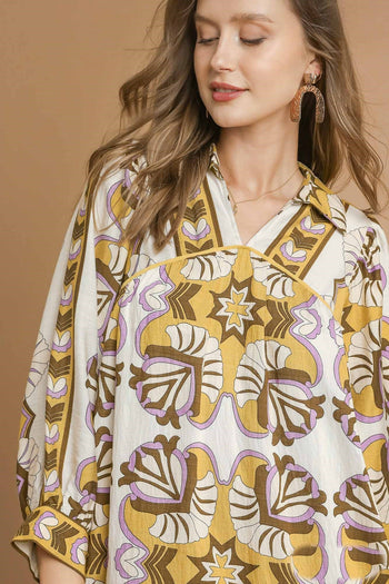 Umgee Boarder Print Tiered Mini Dress in Mustard Mix