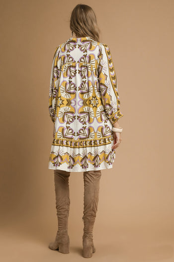 Umgee Boarder Print Tiered Mini Dress in Mustard Mix