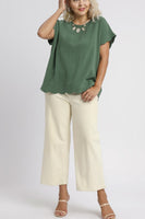 Umgee Scallop Hem Linen Blend Top in Palm Green