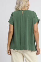 Umgee Scallop Hem Linen Blend Top in Palm Green