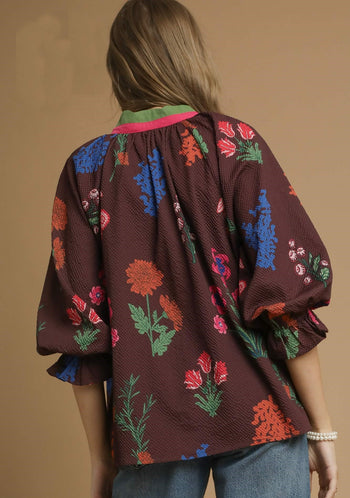 Umgee Mixed Floral Textured Top in Red Brown Mix