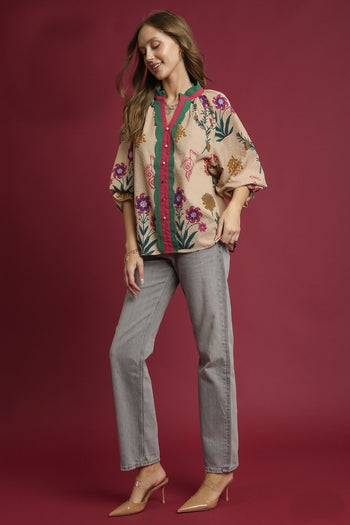 Umgee Mixed Floral Textured Top in Tan Mix