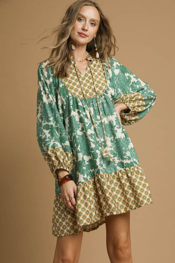 Umgee Mix and Match Floral and Geometric Print Mini Dress in Green Mix