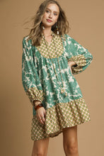 Load image into Gallery viewer, Umgee Mix and Match Floral and Geometric Print Mini Dress in Green Mix
