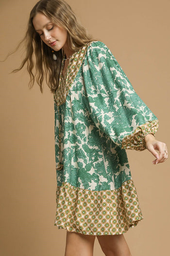 Umgee Mix and Match Floral and Geometric Print Mini Dress in Green Mix
