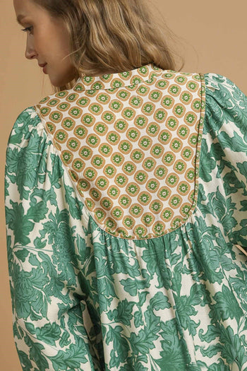 Umgee Mix and Match Floral and Geometric Print Mini Dress in Green Mix