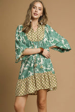 Load image into Gallery viewer, Umgee Mix and Match Floral and Geometric Print Mini Dress in Green Mix

