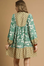 Load image into Gallery viewer, Umgee Mix and Match Floral and Geometric Print Mini Dress in Green Mix
