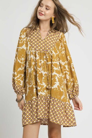 Umgee Mix and Match Floral and Geometric Print Mini Dress in Mustard Mix