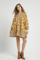 Umgee Mix and Match Floral and Geometric Print Mini Dress in Mustard Mix