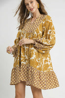 Umgee Mix and Match Floral and Geometric Print Mini Dress in Mustard Mix