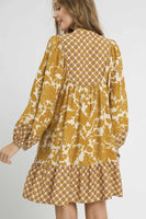 Umgee Mix and Match Floral and Geometric Print Mini Dress in Mustard Mix