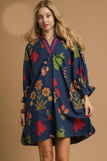 Umgee Floral Print Shift Mini Dress in Midnight Mix
