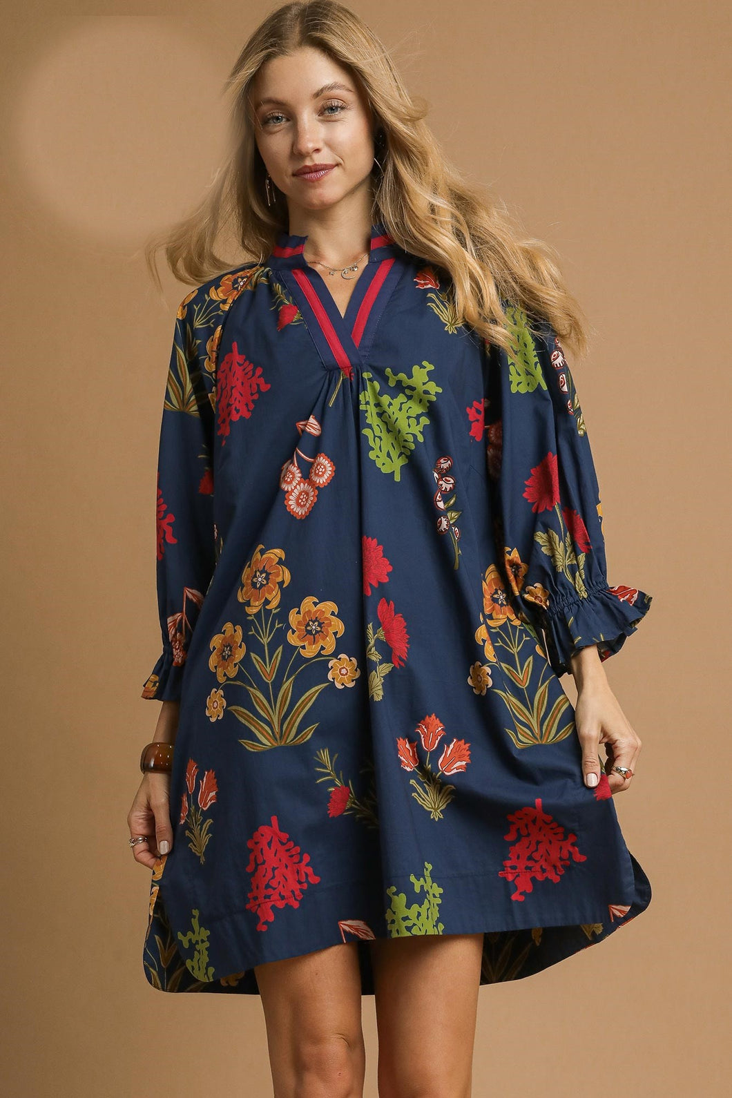 Umgee Floral Print Shift Mini Dress in Midnight Mix