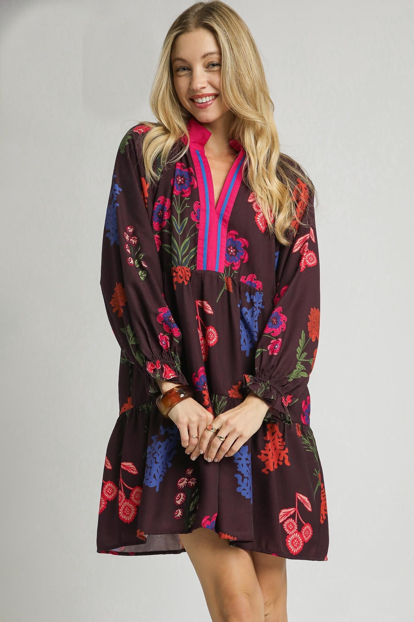 Umgee Mixed Floral Print Mini Dress in Burgundy Mix S Umgee Mixed Floral Print Mini Dress in Burgundy Mix S
