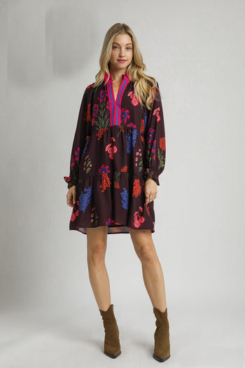 Umgee Mixed Floral Print Mini Dress in Burgundy Mix