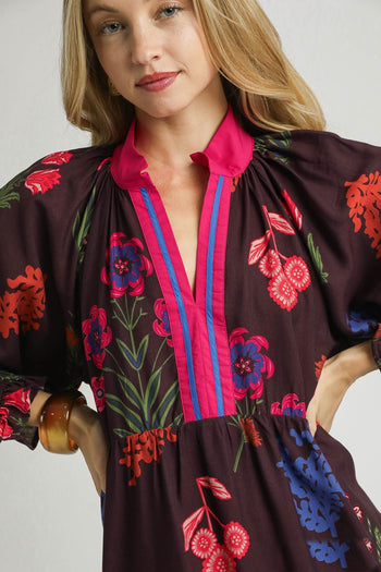 Umgee Mixed Floral Print Mini Dress in Burgundy Mix