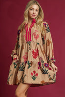 Umgee Mixed Floral Print Mini Dress in Tan Mix