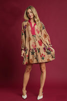 Umgee Mixed Floral Print Mini Dress in Tan Mix