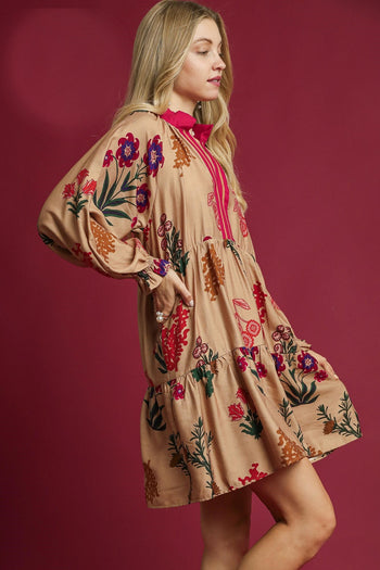 Umgee Mixed Floral Print Mini Dress in Tan Mix