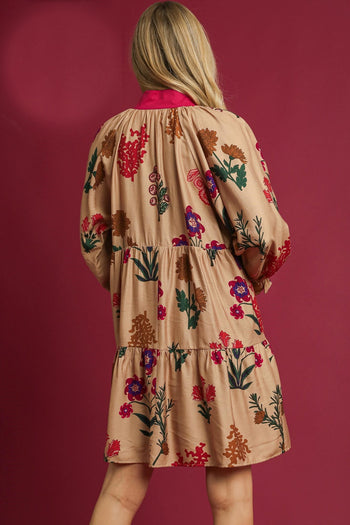 Umgee Mixed Floral Print Mini Dress in Tan Mix