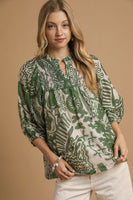Umgee Mixed Abstract Print Top in Green Mix