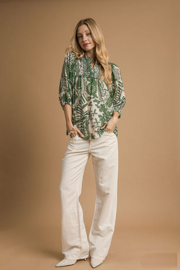 Umgee Mixed Abstract Print Top in Green Mix