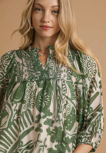 Umgee Mixed Abstract Print Top in Green Mix