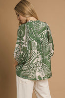 Umgee Mixed Abstract Print Top in Green Mix