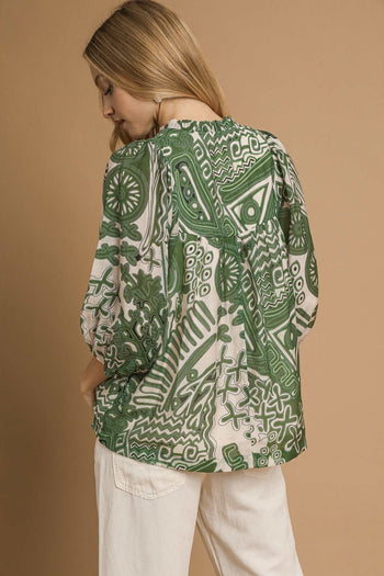 Umgee Mixed Abstract Print Top in Green Mix