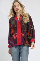 Umgee Mandarin Collar Floral Print Top in Plum Mix