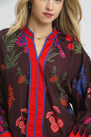 Umgee Mandarin Collar Floral Print Top in Plum Mix