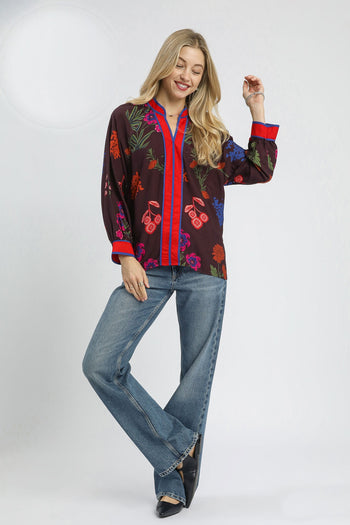 Umgee Mandarin Collar Floral Print Top in Plum Mix