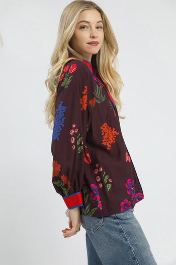 Umgee Mandarin Collar Floral Print Top in Plum Mix