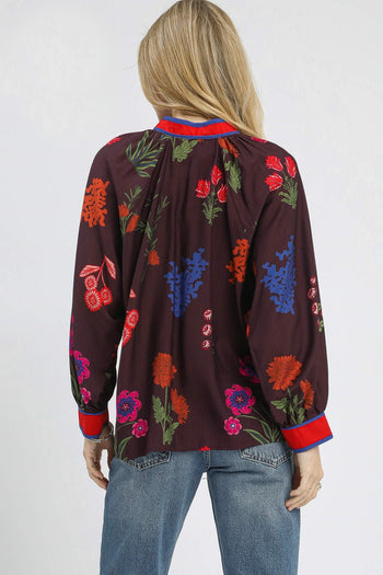 Umgee Mandarin Collar Floral Print Top in Plum Mix