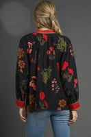 Umgee Mandarin Collar Floral Print Top in Black Mix