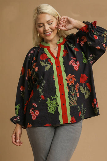 Umgee Mixed Floral Textured Top in Black Mix