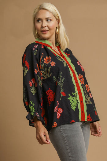 Umgee Mixed Floral Textured Top in Black Mix