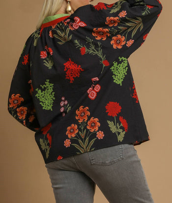 Umgee Mixed Floral Textured Top in Black Mix