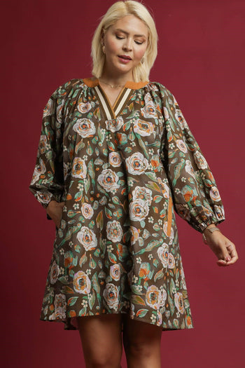 Umgee Vintage Camilla Print Mini Dress in Olive Mix