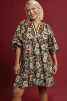 Umgee Vintage Camilla Print Mini Dress in Olive Mix